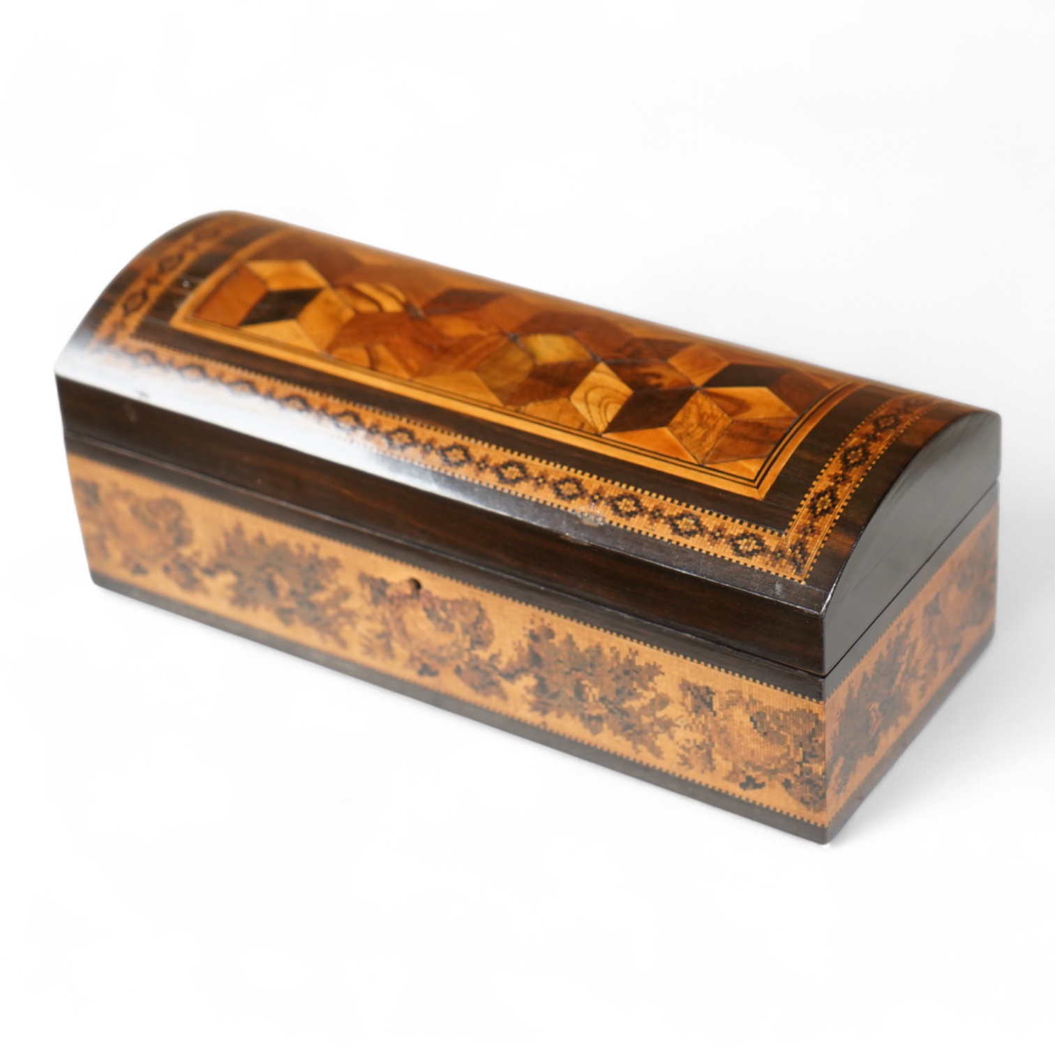 A Tunbridgeware specimen cube marquetry and Tesserae Mosaic domed glove box, c.1840, with silk lining, 24cm wide